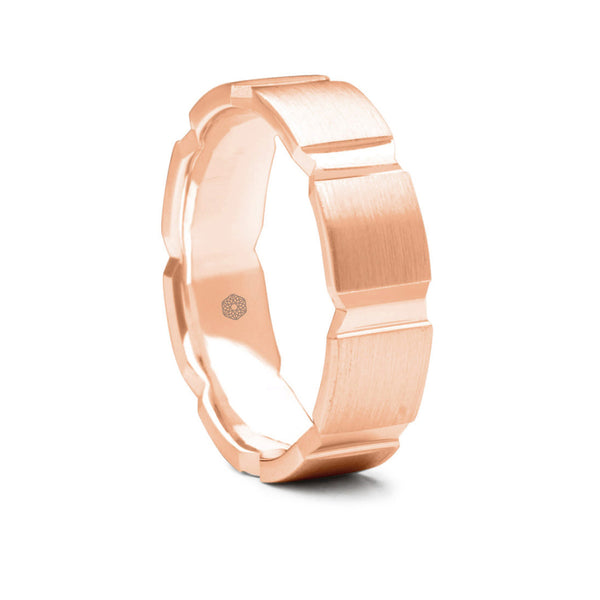 Mens Matte Finish 9ct Rose Gold Flat Court Shape Wedding Ring With Broad Vertical Grooves