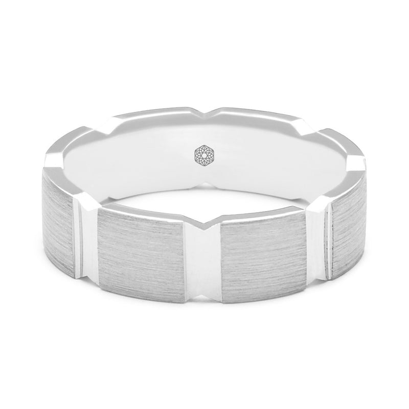 Horizontal Shot of Mens Matte Finish 9ct White Gold Flat Court Shape Wedding Ring With Broad Vertical Grooves