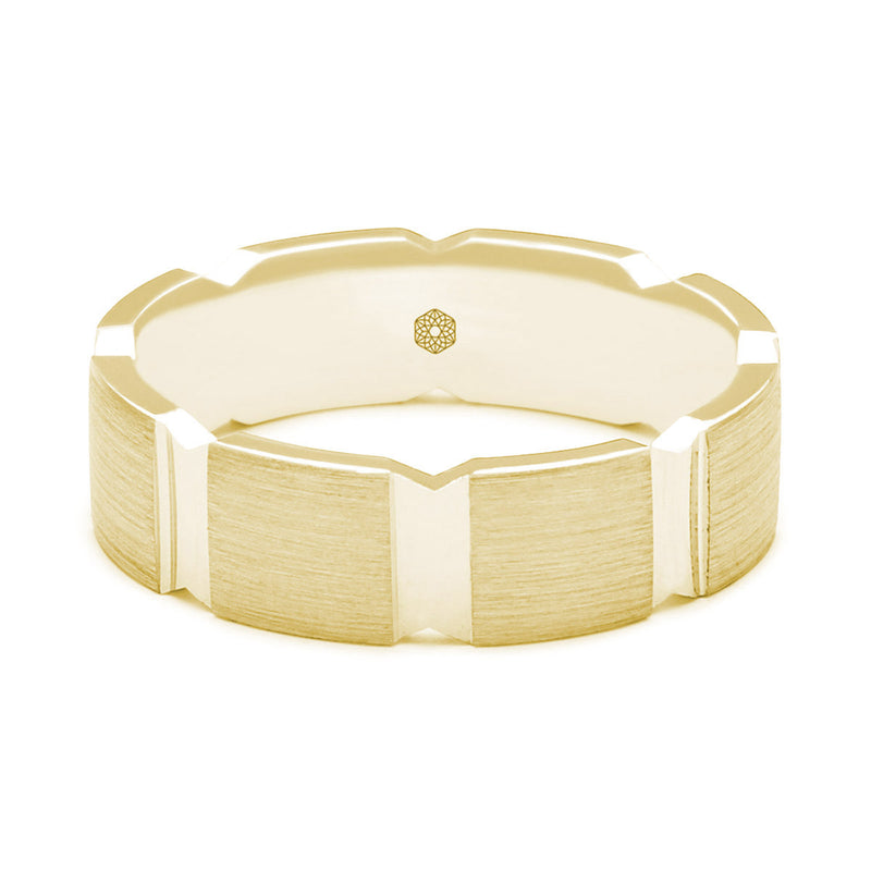 Horizontal Shot of Mens Matte Finish 9ct Yellow Gold Flat Court Shape Wedding Ring With Broad Vertical Grooves