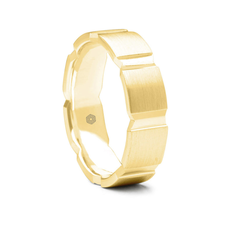 Mens Matte Finish 9ct Yellow Gold Flat Court Shape Wedding Ring With Broad Vertical Grooves