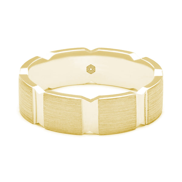 Horizontal Shot of Mens Matte Finish 18ct Rose Gold Flat Court Shape Wedding Ring With Broad Vertical Grooves