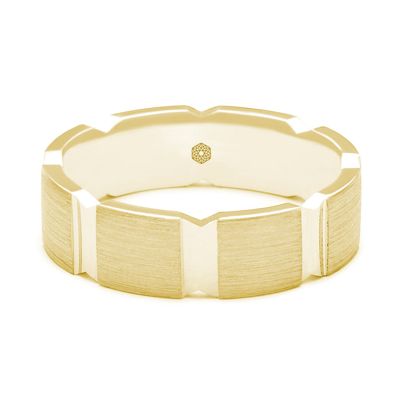 Horizontal Shot of Mens Matte Finish 18ct Rose Gold Flat Court Shape Wedding Ring With Broad Vertical Grooves