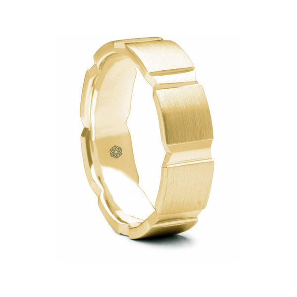 Mens Matte Finish 18ct Yellow Gold Flat Court Shape Wedding Ring With Broad Vertical Grooves