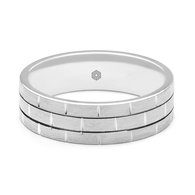 Horizontal Shot of Mens Satin Finish 9ct White Gold Flat Court Shape Wedding Ring With Brickwork Pattern