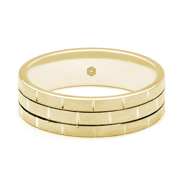 Horizontal Shot of Mens Satin Finish 9ct Yellow Gold Flat Court Shape Wedding Ring With Brickwork Pattern