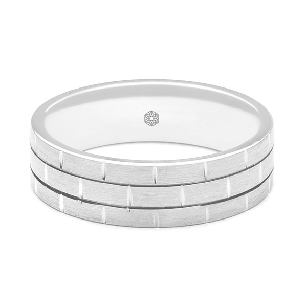 Horizontal Shot of Mens Satin Finish Platinum 950 Flat Court Shape Wedding Ring With Brickwork Pattern