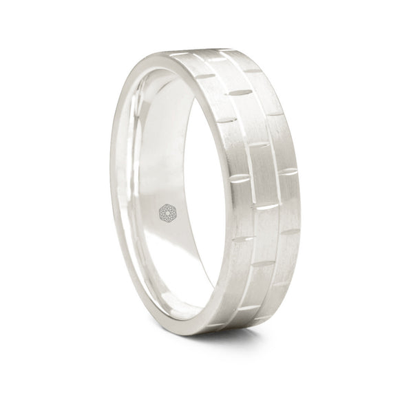 Mens Satin Finish Platinum 950 Flat Court Shape Wedding Ring With Brickwork Pattern
