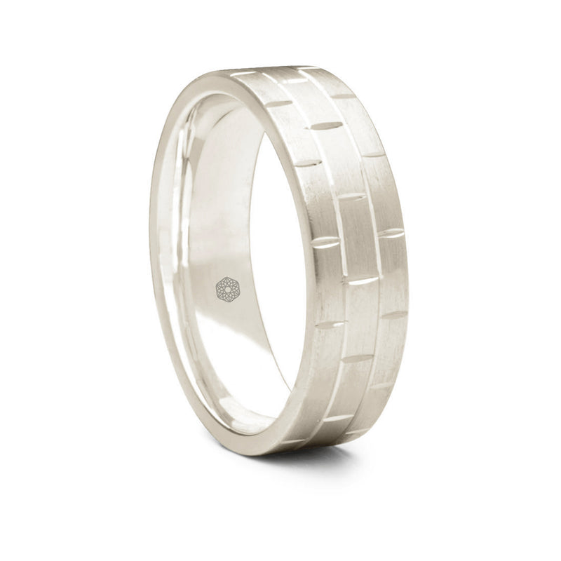 Mens Satin Finish 18ct White Gold Flat Court Shape Wedding Ring With Brickwork Pattern