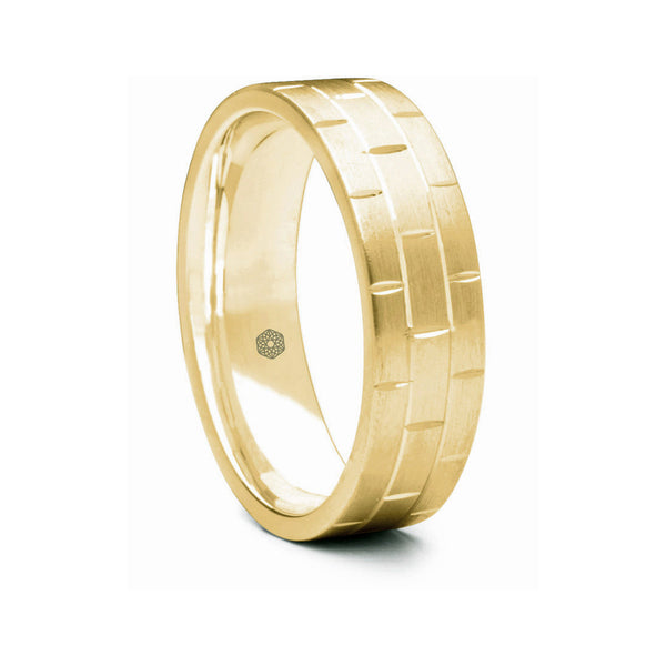 Mens Satin Finish 18ct Yellow Gold Flat Court Shape Wedding Ring With Brickwork Pattern