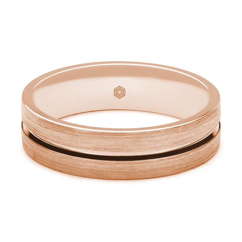 Horizontal Shot of Mens Matte Finish 9ct Rose Gold Flat Court Shape Wedding Ring With Polished Central Flat Groove