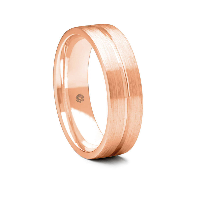 Mens Matte Finish 9ct Rose Gold Flat Court Shape Wedding Ring With Polished Central Flat Groove