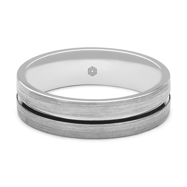 Horizontal Shot of Mens Matte Finish 9ct White Gold Flat Court Shape Wedding Ring With Polished Central Flat Groove
