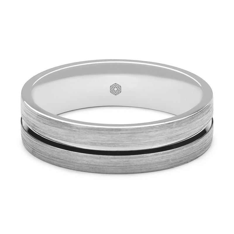 Horizontal Shot of Mens Matte Finish 9ct White Gold Flat Court Shape Wedding Ring With Polished Central Flat Groove
