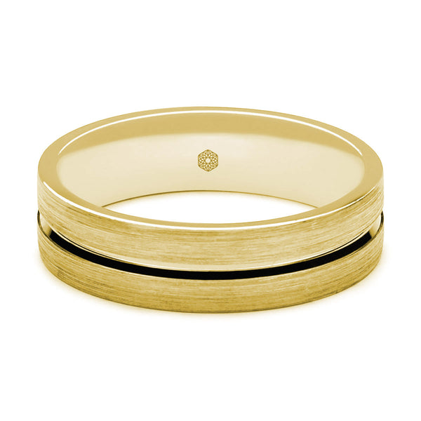 Horizontal Shot of Mens Matte Finish 9ct Yellow Gold Flat Court Shape Wedding Ring With Polished Central Flat Groove