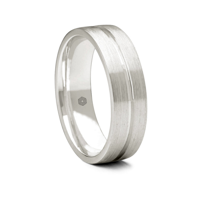 Mens Matte Finish Palladium 500 Flat Court Shape Wedding Ring With Polished Central Flat Groove