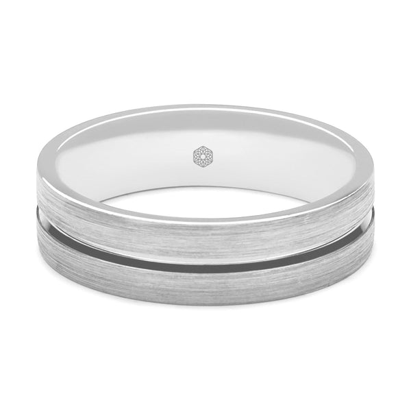 Horizontal Shot of Mens Matte Finish Platinum 950 Flat Court Shape Wedding Ring With Polished Central Flat Groove