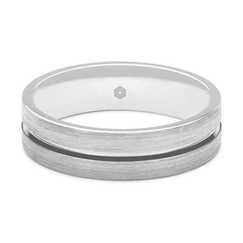Horizontal Shot of Mens Matte Finish Platinum 950 Flat Court Shape Wedding Ring With Polished Central Flat Groove