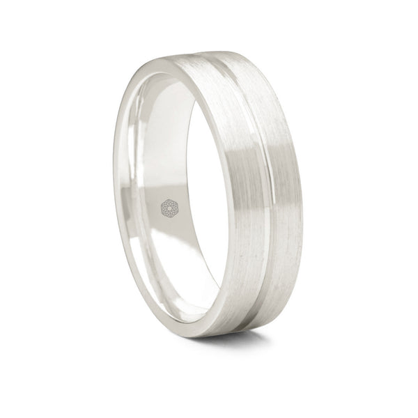 Mens Matte Finish Platinum 950 Flat Court Shape Wedding Ring With Polished Central Flat Groove