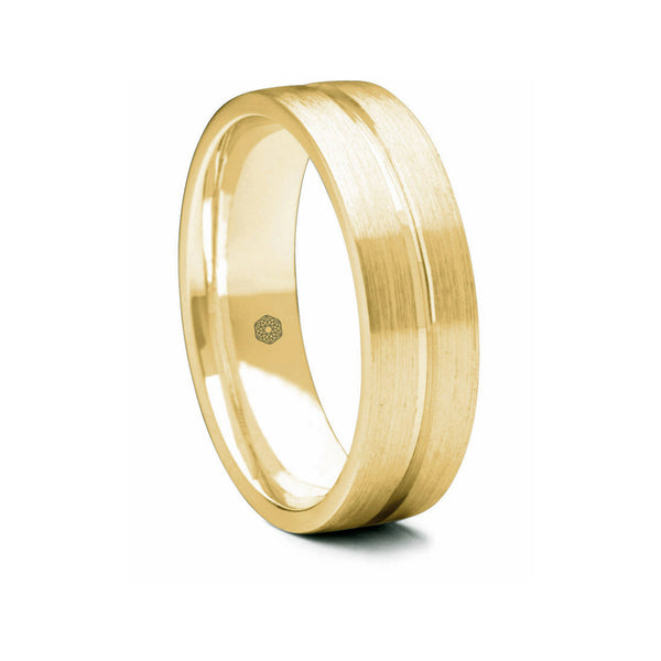 Mens Matte Finish 18ct Yellow Gold Flat Court Shape Wedding Ring With Polished Central Flat Groove