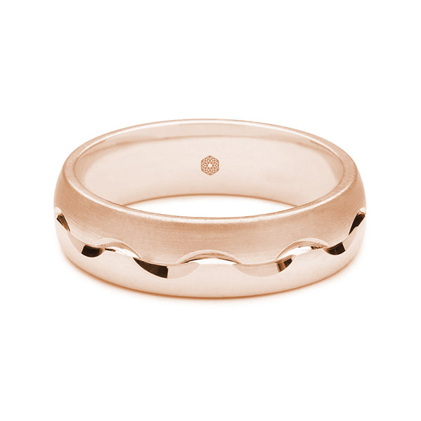 Horizontal Shot of Mens 9ct Rose Gold Court Shape Wedding Ring With Both Matte and Polished Surfaces