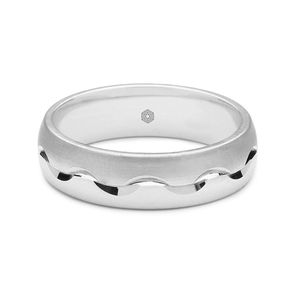 Horizontal Shot of Mens 9ct White Gold Court Shape Wedding Ring With Both Matte and Polished Surfaces