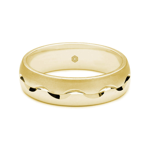 Horizontal Shot of Mens 9ct Yellow Gold Court Shape Wedding Ring With Both Matte and Polished Surfaces