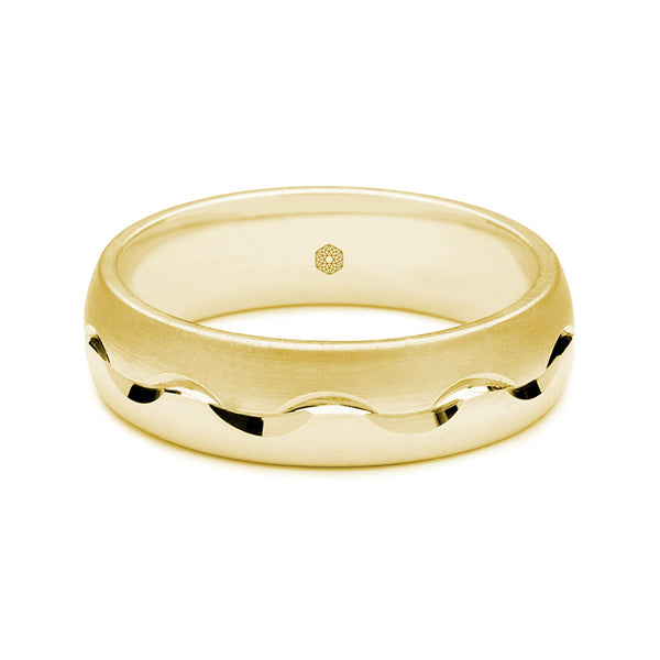 Horizontal Shot of Mens 18ct Rose Gold Court Shape Wedding Ring With Both Matte and Polished Surfaces