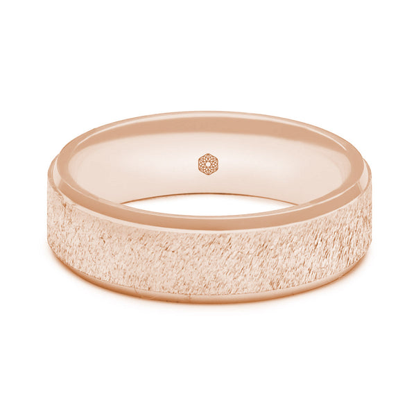 Horizontal Shot of Mens Textured 9ct Rose Gold Flat Court Shape Wedding Ring With Polished Flat Edges