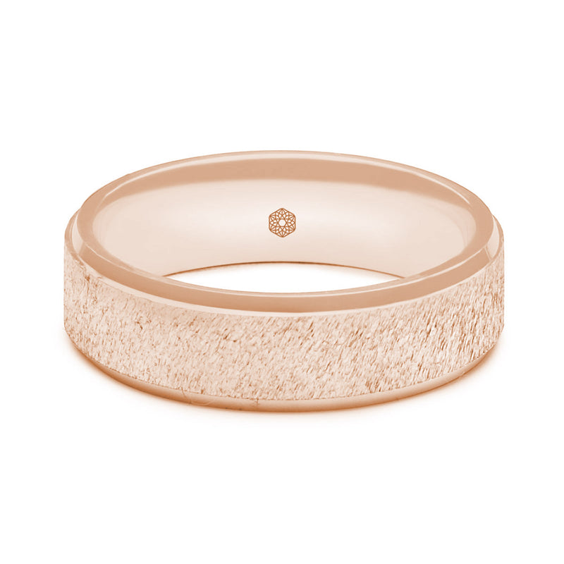 Horizontal Shot of Mens Textured 9ct Rose Gold Flat Court Shape Wedding Ring With Polished Flat Edges