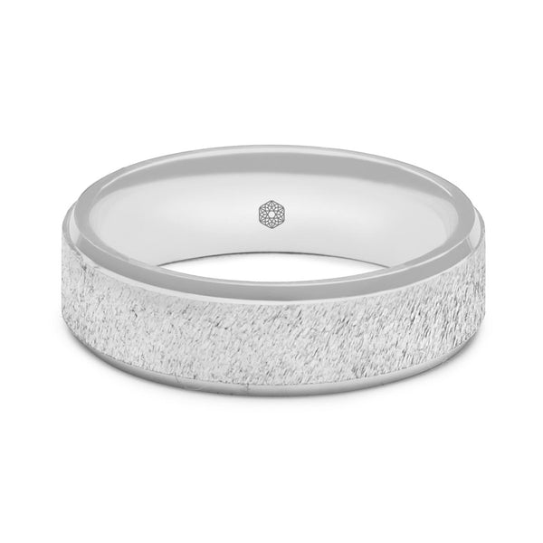 Horizontal Shot of Mens Textured 9ct White Gold Flat Court Shape Wedding Ring With Polished Flat Edges