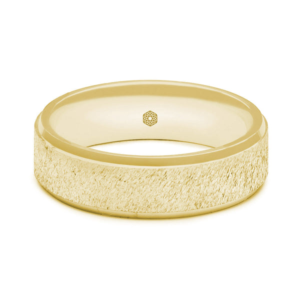 Horizontal Shot of Mens Textured 9ct Yellow Gold Flat Court Shape Wedding Ring With Polished Flat Edges