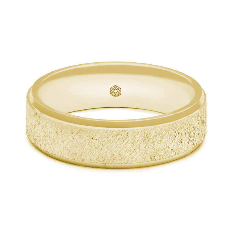 Horizontal Shot of Mens Textured 9ct Yellow Gold Flat Court Shape Wedding Ring With Polished Flat Edges
