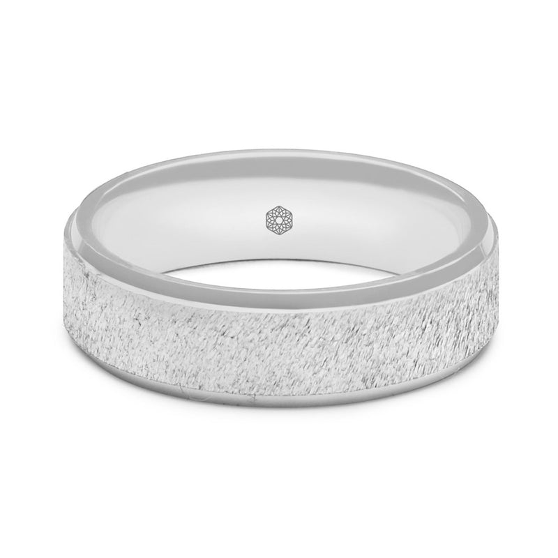 Horizontal Shot of Mens Textured Palladium 500 Flat Court Shape Wedding Ring With Polished Flat Edges