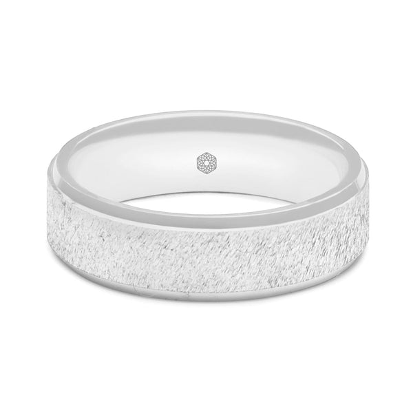 Horizontal Shot of Mens Textured Platinum 950 Flat Court Shape Wedding Ring With Polished Flat Edges