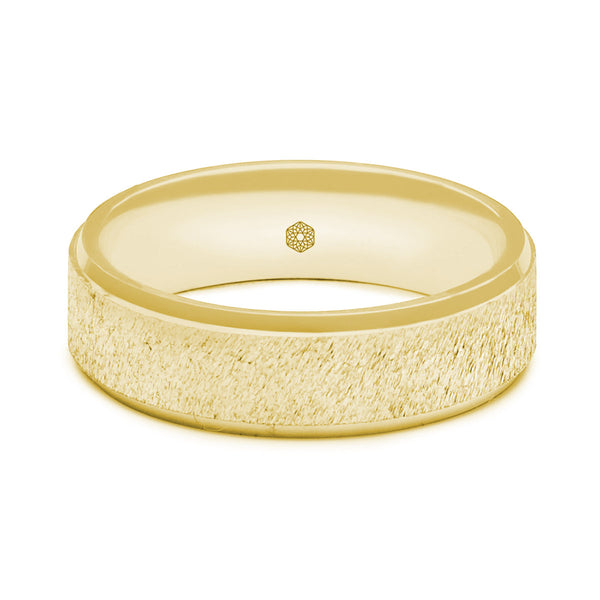 Horizontal Shot of Mens Textured 18ct Rose Gold Flat Court Shape Wedding Ring With Polished Flat Edges