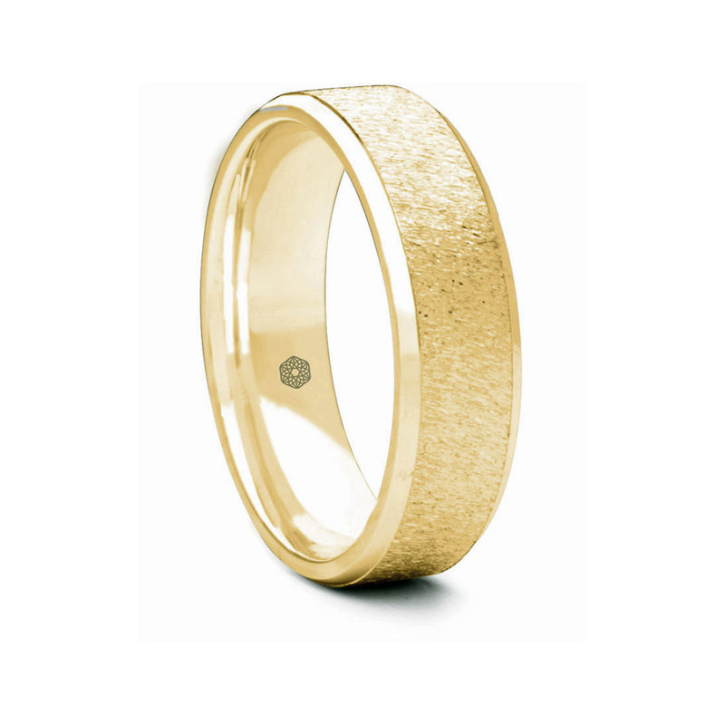 Mens Textured 18ct Yellow Gold Flat Court Shape Wedding Ring With Polished Flat Edges