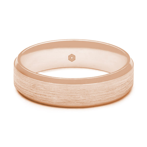 Horizontal Shot of Mens Matte Finish 9ct Rose Gold Flat Court Wedding Ring With Polished Flat and Angled Edges