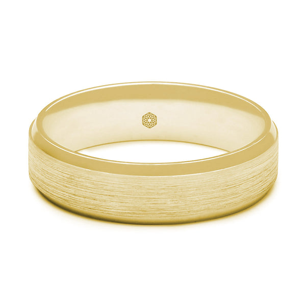Horizontal Shot of Mens Matte Finish 9ct Yellow Gold Flat Court Wedding Ring With Polished Flat and Angled Edges