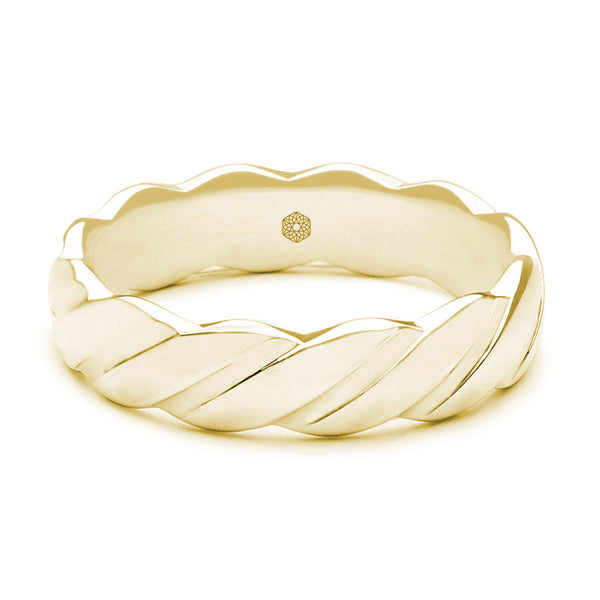 Horizontal Shot of Mens Polished 9ct Yellow Gold Court Shape Wedding Ring With Twist Pattern