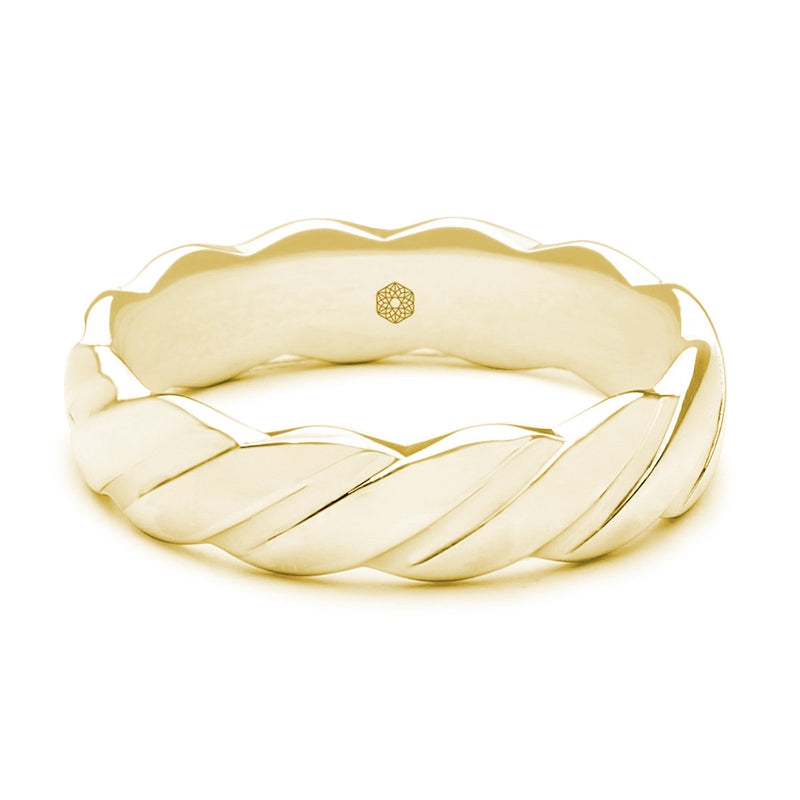 Horizontal Shot of Mens Polished 18ct Rose Gold Court Shape Wedding Ring With Twist Pattern