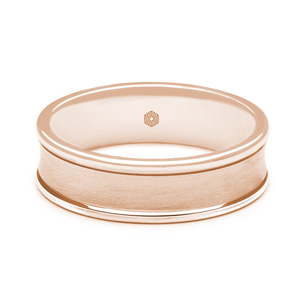Horizontal Shot of Mens Satin Finish 9ct Rose Gold Flat Court Wedding Ring With Dipped Centre and Polished Edges