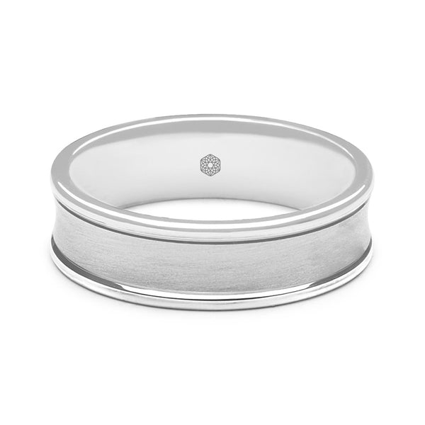 Horizontal Shot of Mens Satin Finish 9ct White Gold Flat Court Wedding Ring With Dipped Centre and Polished Edges