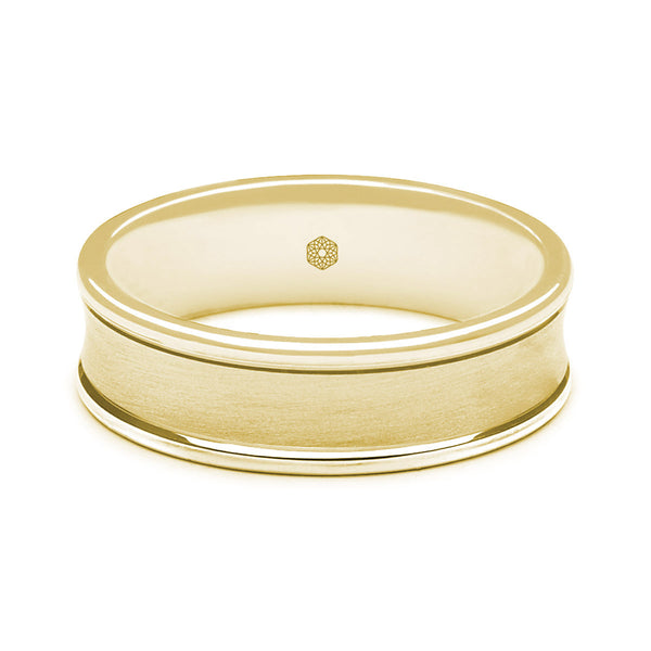 Horizontal Shot of Mens Satin Finish 9ct Yellow Gold Flat Court Wedding Ring With Dipped Centre and Polished Edges