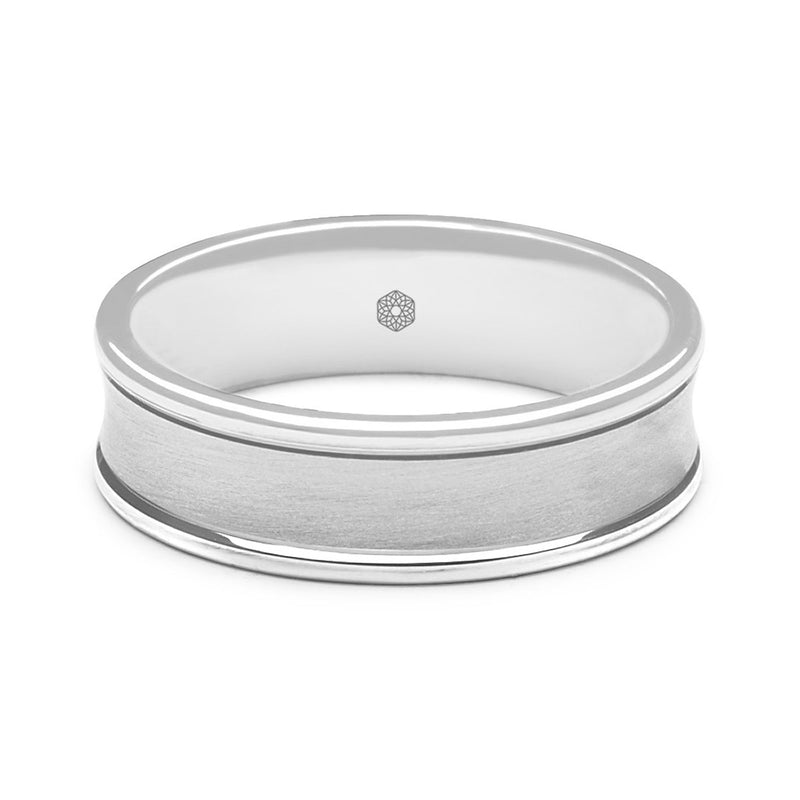 Horizontal Shot of Mens Satin Finish 18ct White Gold Flat Court Wedding Ring With Dipped Centre and Polished Edges