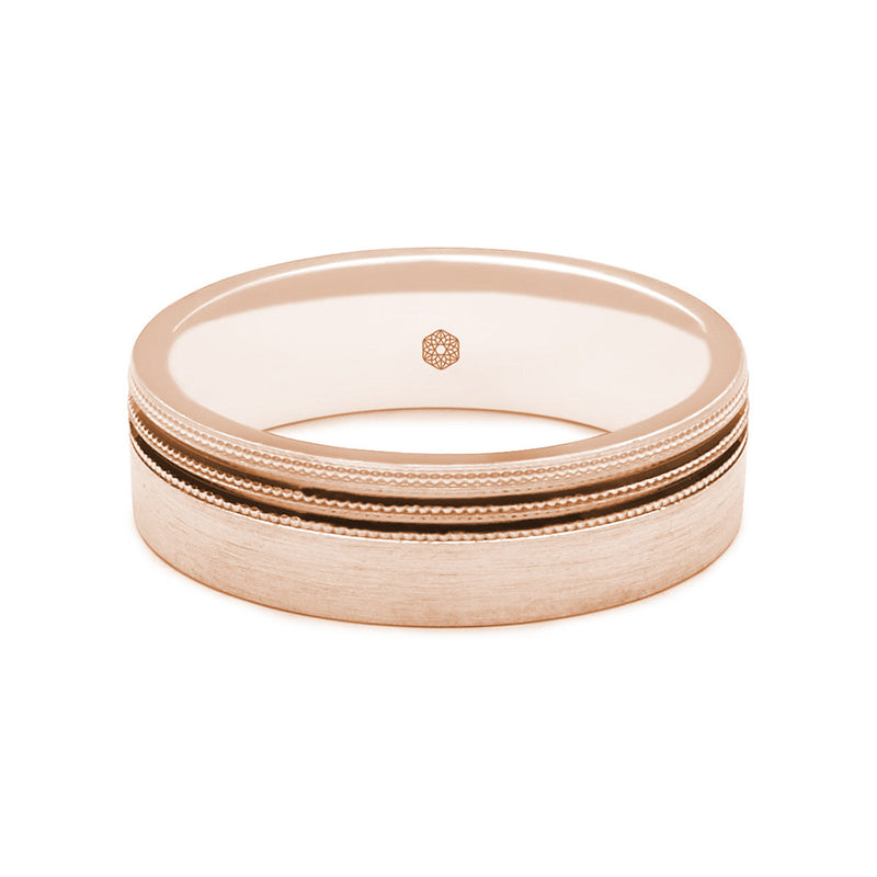Horizontal Shot of Mens Matte Finish 9ct Rose Gold Flat Court Wedding Ring With Off-Set Millgrain Pattern