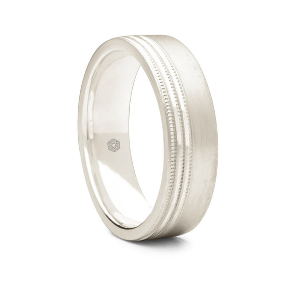 Mens Matte Finish 9ct White Gold Flat Court Wedding Ring With Off-Set Millgrain Pattern