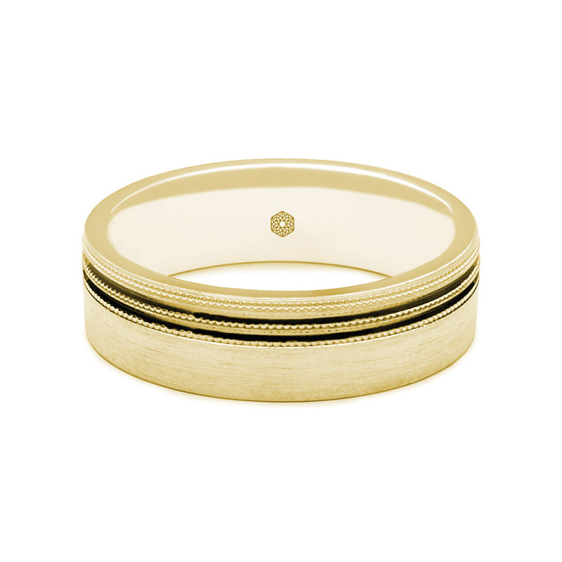 Horizontal Shot of Mens Matte Finish 9ct Yellow Gold Flat Court Wedding Ring With Off-Set Millgrain Pattern