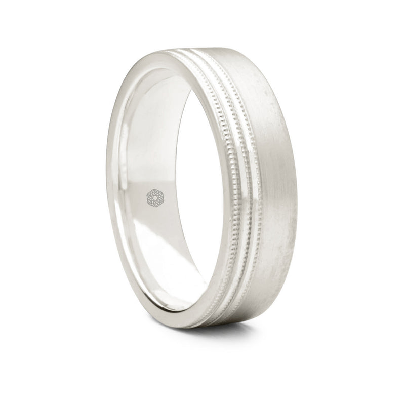 Mens Matte Finish Platinum 950 Flat Court Wedding Ring With Off-Set Millgrain Pattern