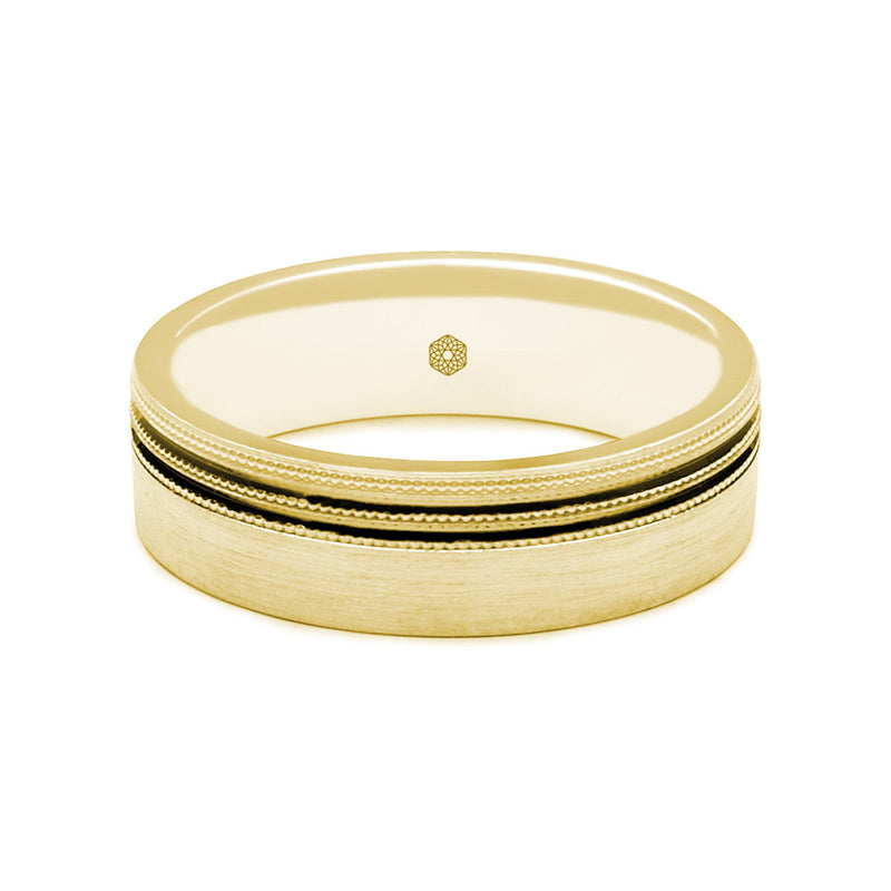 Horizontal Shot of Mens Matte Finish 18ct Rose Gold Flat Court Wedding Ring With Off-Set Millgrain Pattern