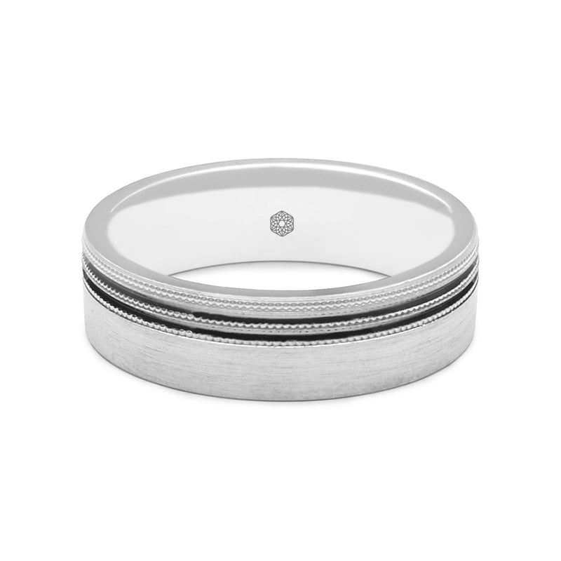 Horizontal Shot of Mens Matte Finish 18ct White Gold Flat Court Wedding Ring With Off-Set Millgrain Pattern